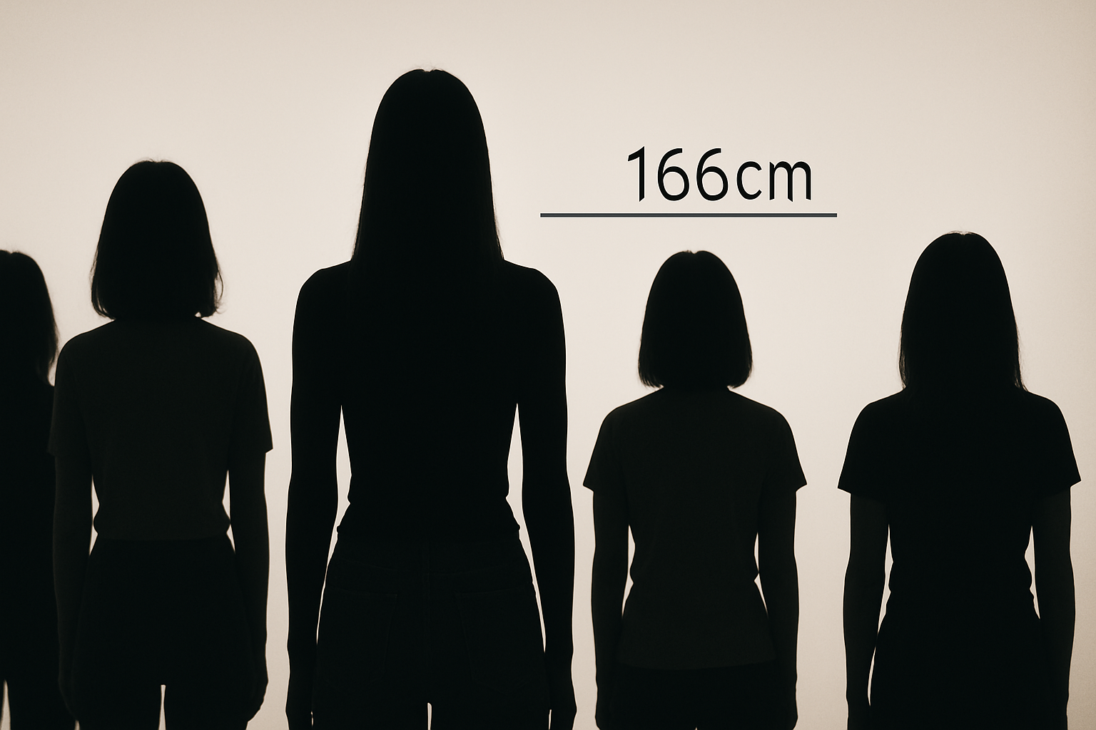 複数の女性の後ろ姿シルエットが並ぶ比較イメージ。みちょぱの166cmという身長が他モデルより高いことを象徴している。