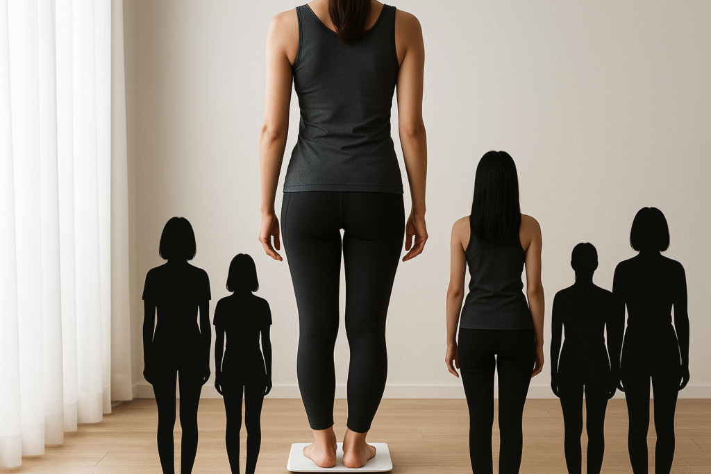 体重計に乗る女性の後ろ姿。みちょぱの48kgという体重やスタイル維持の意識をイメージしたビジュアル。