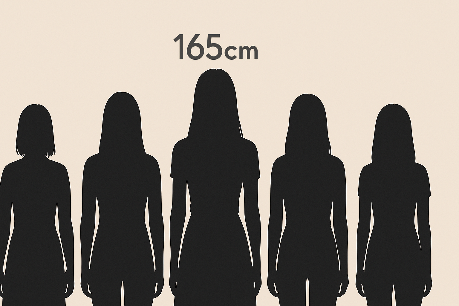 異なる身長の女性たちの後ろ姿を並べた比較イメージ。中央の女性が165cmを象徴し、めるるのバランスの取れた身長を表現している。