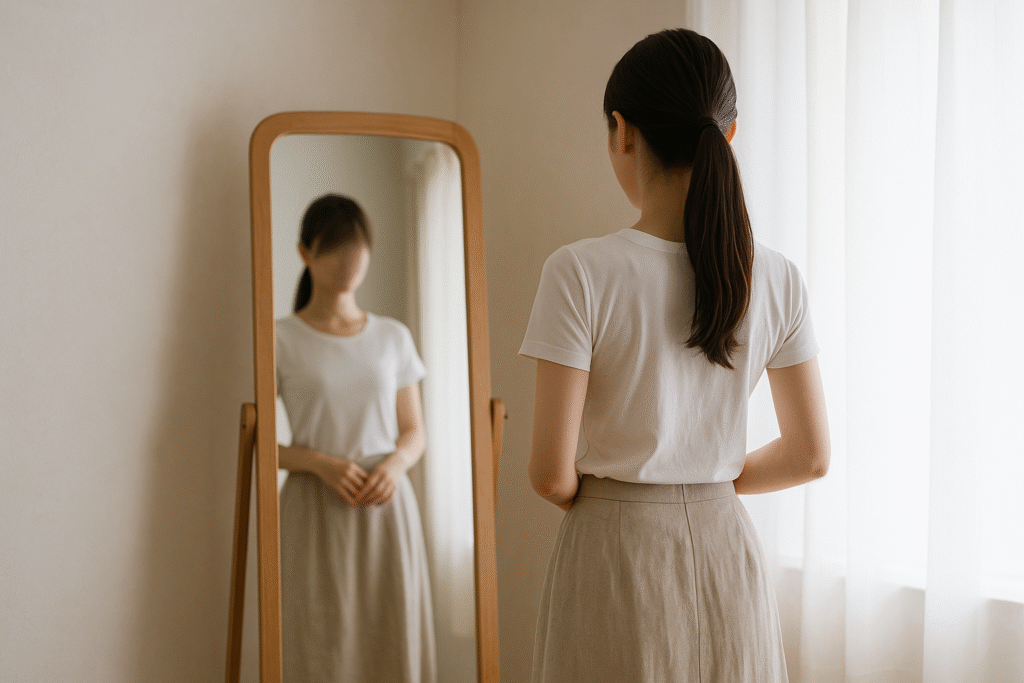全身鏡の前で姿勢を整える女性の後ろ姿。生見愛瑠(めるる)の身長や体型に関するエピソードを象徴的に表している。