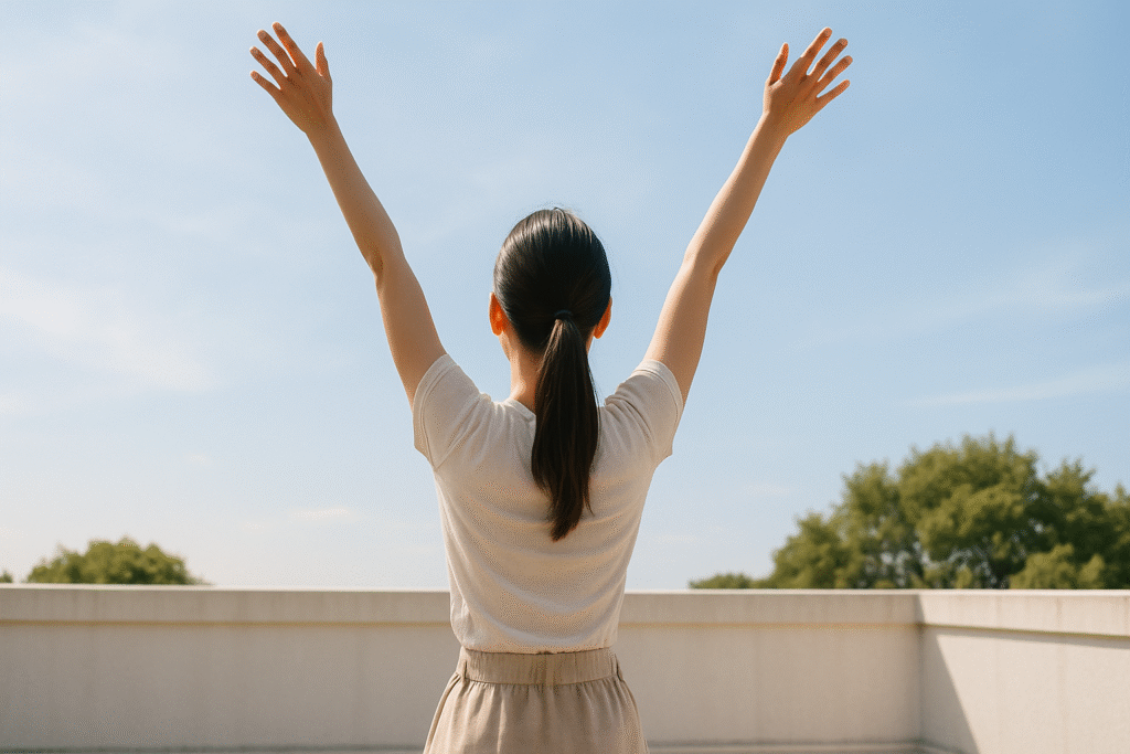 青空の下でストレッチをする女性の後ろ姿。生見愛瑠(めるる)のナチュラルでバランスの取れたスタイル美を表現している。