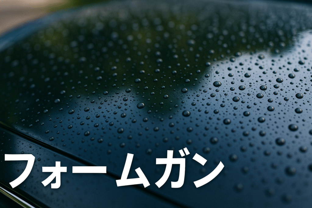 洗車 フォームガン後のダークボンネットに均一なビーディングと深い艶。左下に「フォームガン」表記。