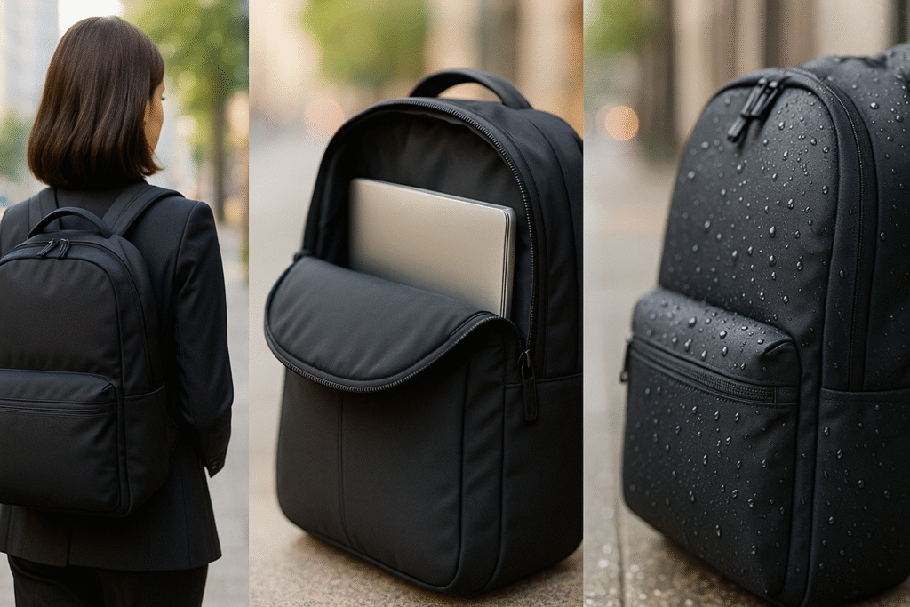 通勤リュック レディース 3タイプ比較（きれいめナイロン／PC収納／撥水・止水ジップ）朝の街並みイメージ