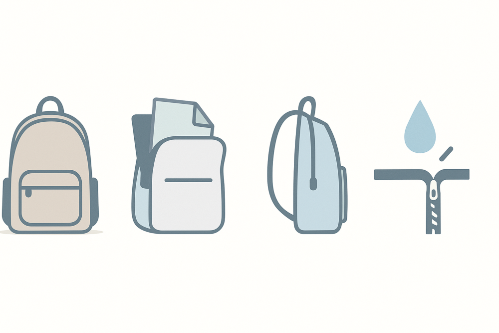 自立・A4/PC出し入れ・薄マチ・撥水を示すミニマルアイコン｜通勤向けリュックの選び方