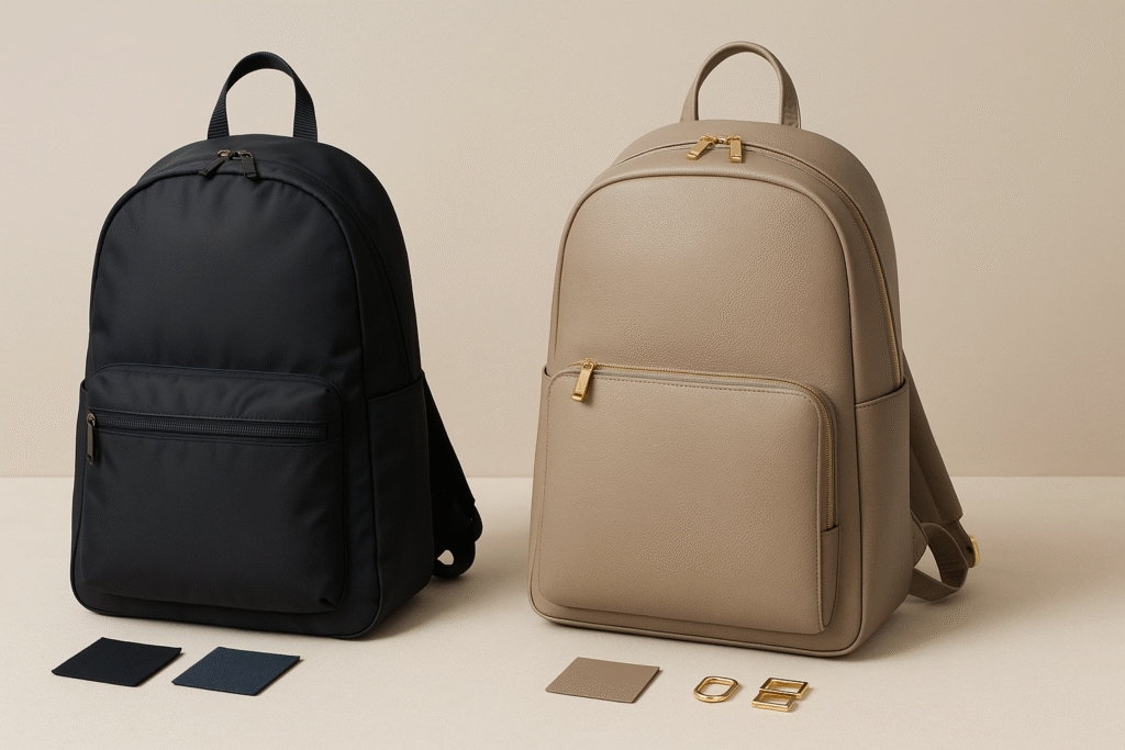 黒のマットナイロンとグレージュのレザー調リュックの質感比較｜大人きれいめ通勤コーデ向け