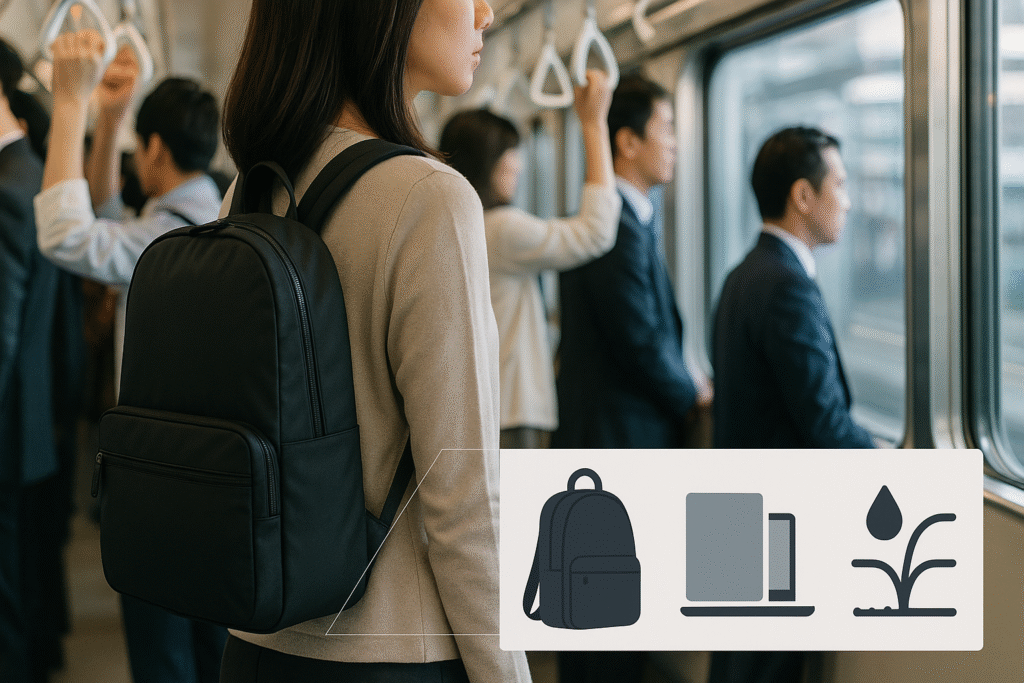 満員電車で薄マチの通勤リュックを背負う女性の横姿｜低プロファイルで邪魔になりにくい