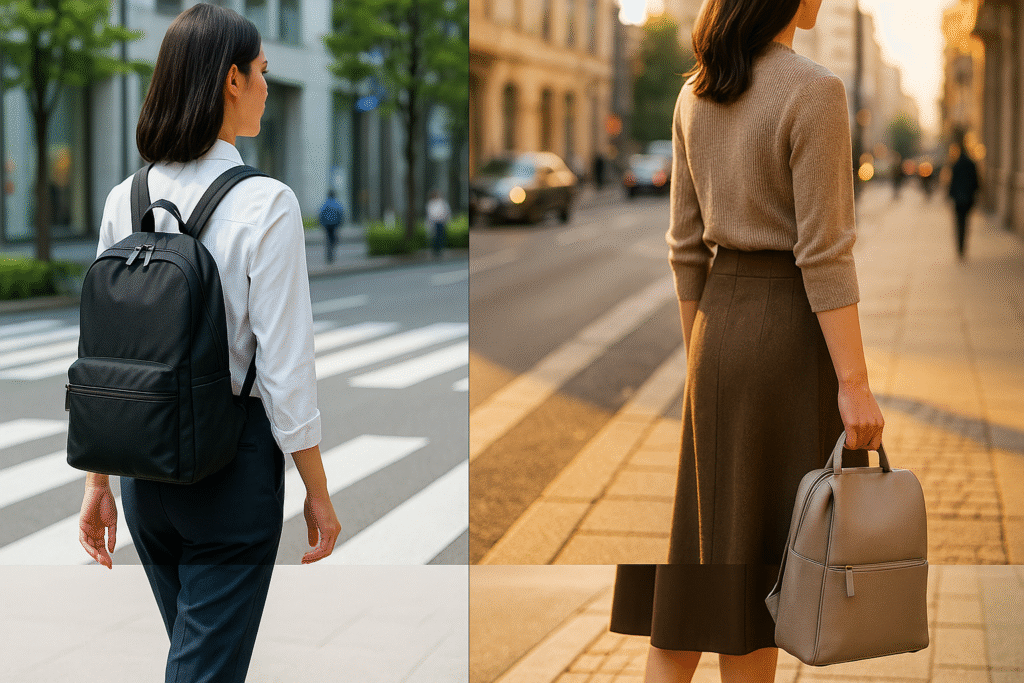 節別コーデ例｜春夏は白シャツ×黒ナイロン、秋冬はニット×グレージュのレザー調リュック