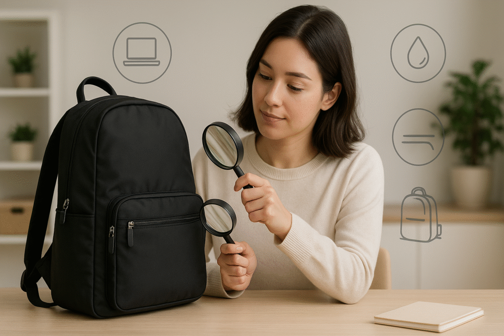 自宅デスクで通勤リュックを拡大鏡で確認する女性｜PCスリーブ・撥水・自立・薄マチの疑問