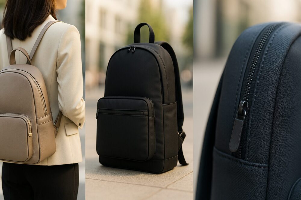 大人可愛いリュックの3タイプ比較(グレージュ合皮・黒ナイロン・ネイビー撥水ジップ)を並べた朝の街並みイメージ