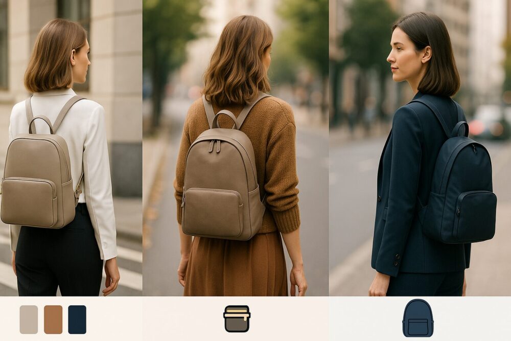 グレージュ×オフィス、トープ×秋ニット、ダークネイビー×紺ブレのカラー別コーデ例(後ろ姿の3面)