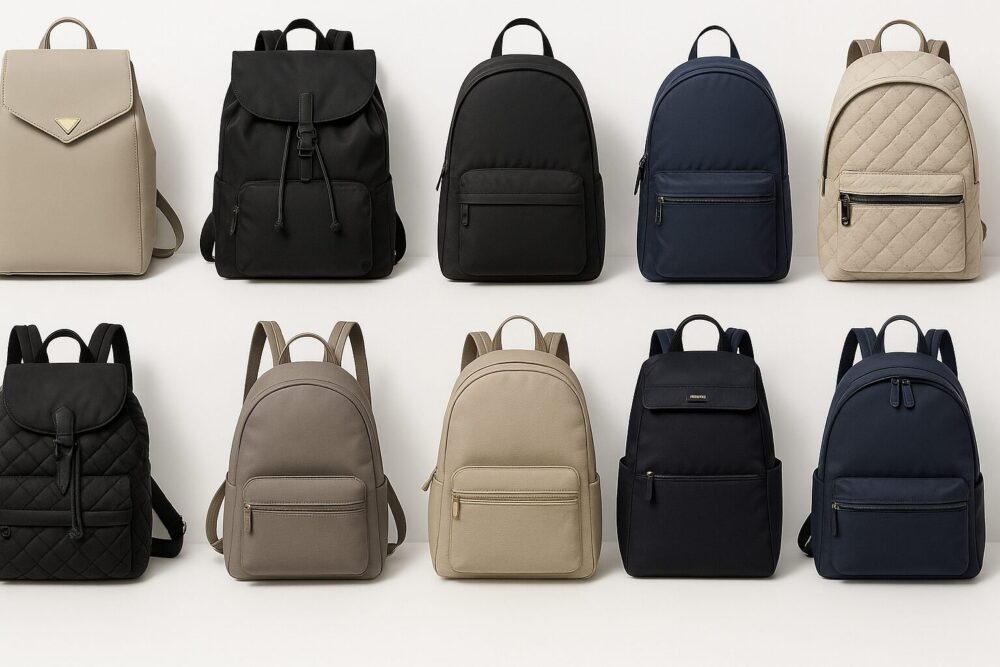 グレージュ・トープ・ブラック・ネイビーの大人可愛いレディースリュック10点を白背景に整然と並べたカタログ風グリッド