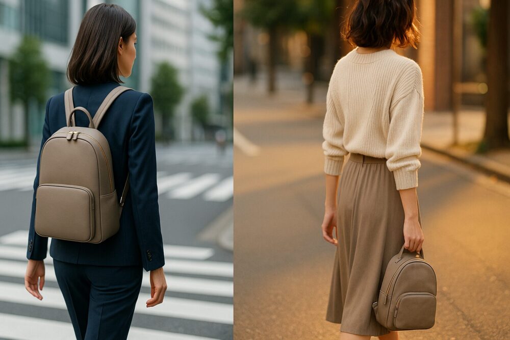 通勤は紺ジャケットにグレージュのスリムリュック、休日はクリームニットに小さめトープを手持ちするスプリットシーン