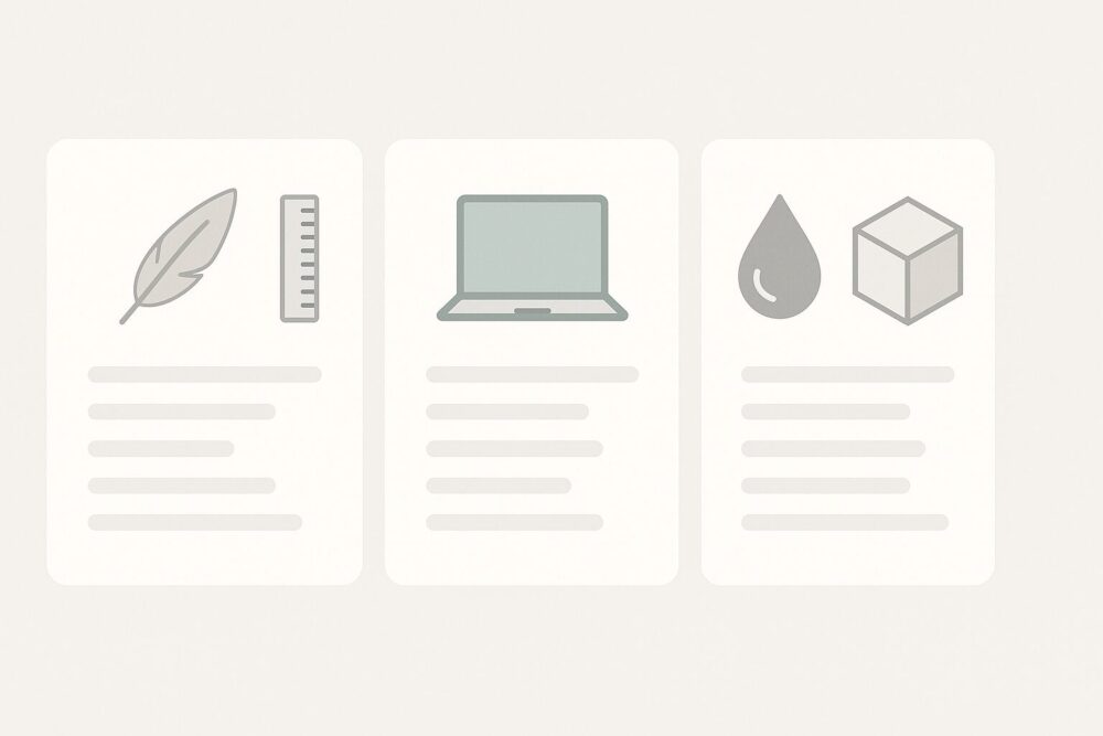 比較表を連想させるミニマルカードとアイコン(羽・定規・ノートPC・しずく・自立ボックス)のフラット図
