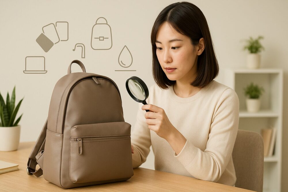 自宅デスクでグレージュのリュックを拡大鏡で確認する女性と機能アイコン(カラー・金具・薄マチ・撥水・PCスリーブ)