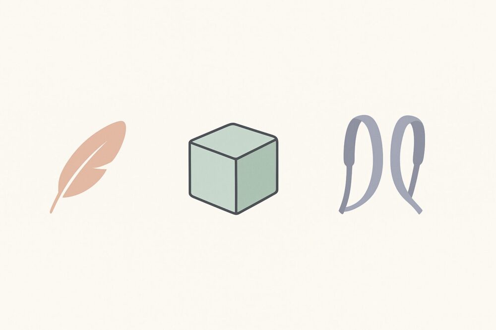 軽量リュックの選び方を表す3つのアイコン(軽さの羽・自立を示すボックス・快適なカーブストラップ)