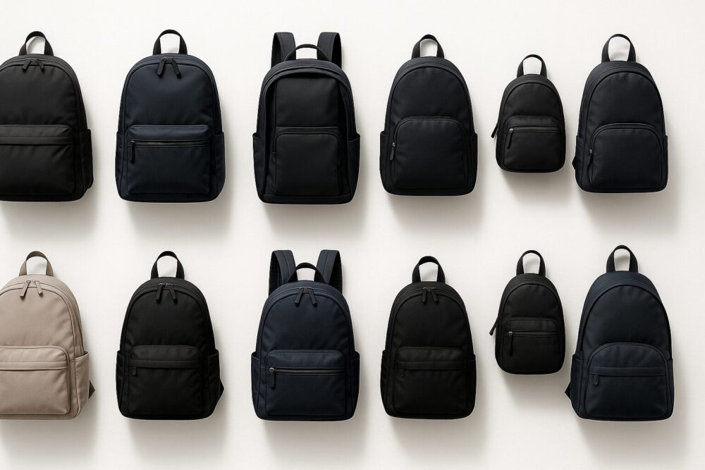 ブラック・ネイビー・グレージュの軽量レディースリュック9点を白背景に2×5のグリッドで並べたカタログ風トップダウン写真