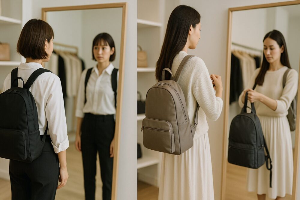 ブティックで背負い比べをする女性(左:低身長が薄マチリュック、右:高身長が大きめモデルを調整)