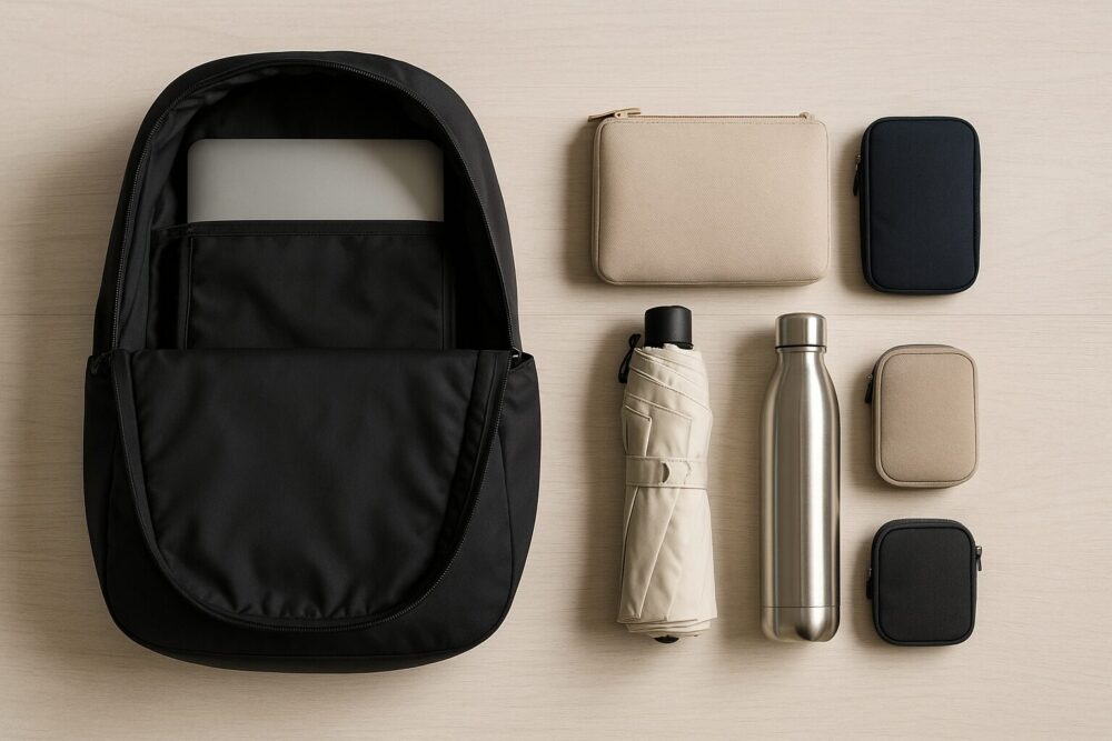 デスク上のトップダウンで並べた軽量リュックの中身例(PCスリーブ・薄型ポーチ・ケーブル類・折りたたみ傘・ボトル・小物ポーチ)