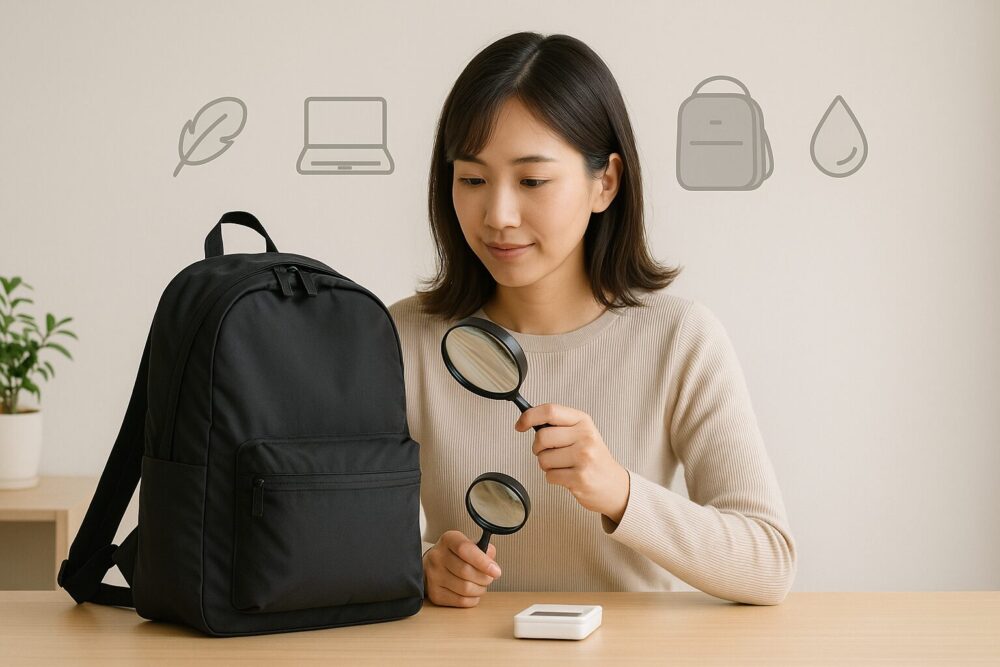 自宅デスクで軽量リュックを拡大鏡と小型スケールで確認する女性と機能アイコン(羽・自立ベース・PC・しずく)