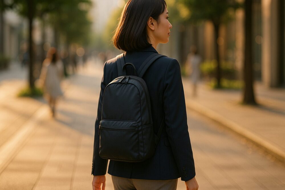 夕方の街をスリムな軽量リュックで歩く女性の後ろ姿|ゴールデンアワーの柔らかな光で通勤の軽快さを表現