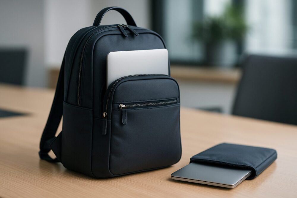 会議室のテーブルに置かれた小ぶりなビジネスリュックと、13インチノートPCを半分差し込んだ独立スリーブの様子