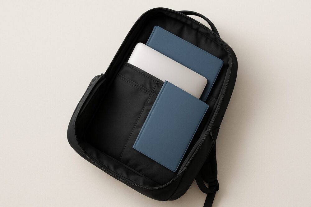 トップダウンで見たビジネスリュックの内部に、14インチノートPCとA4フォルダーが並んで収まる様子(整理されたポケットが見える構成)