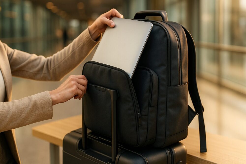 空港通路でスーツケースのハンドルに固定した大きめビジネスリュックへ、15.6インチノートPCを斜めに差し込む様子(トローリースリーブ装着)