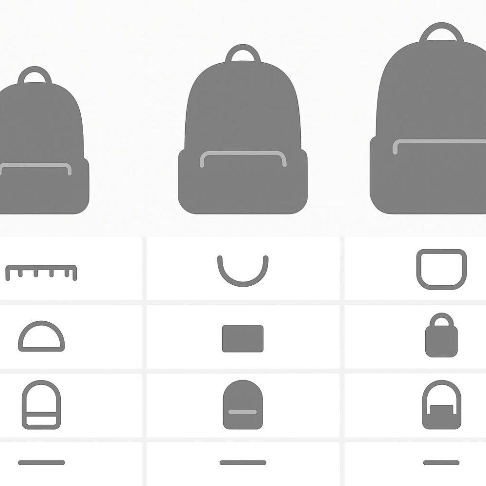 小・中・大のシルエットで3列に並べ、内寸幅・開口幅・底パッド・背面アクセスの各アイコン行を配置したミニマル比較イメージ