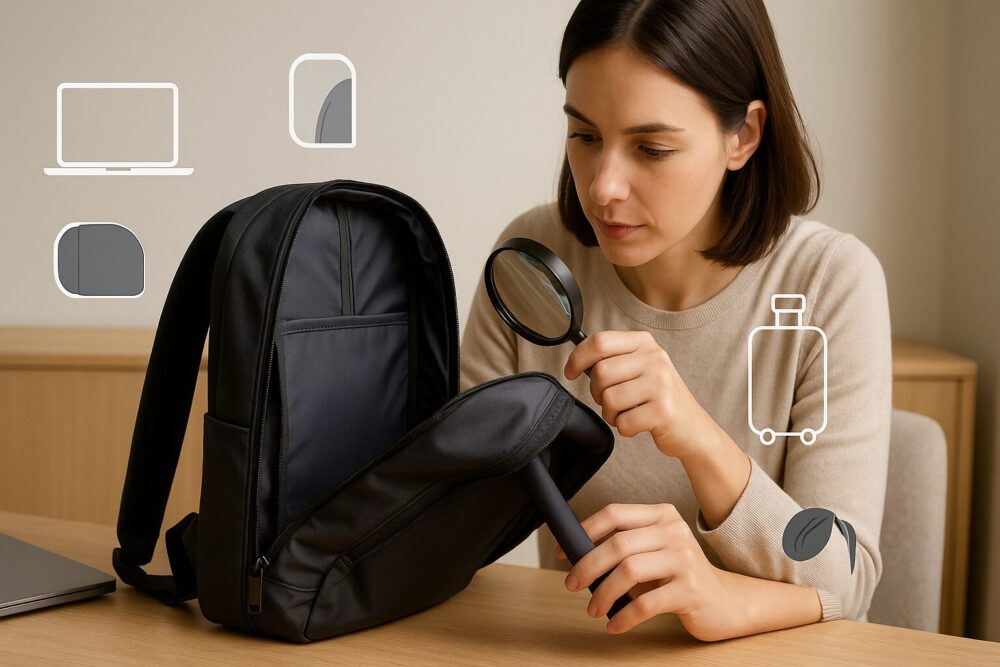 オフィスのデスクで拡大鏡を使い、ビジネスリュックのL字開口と背面アクセスを確認する女性(ラップトップ・コーナー保護・トローリースリーブのアイコン入り)