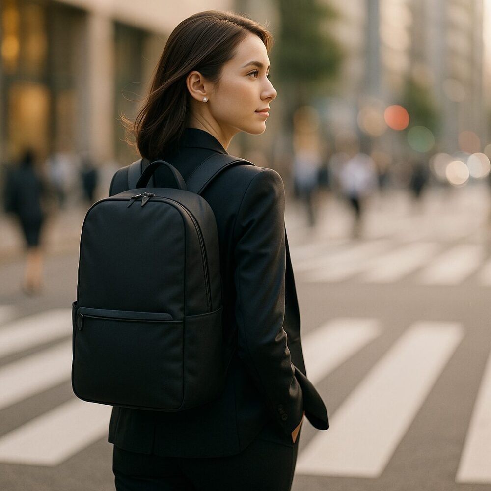 朝の交差点をブレザー姿で自信をもって歩く女性と、自立するスリムなビジネスリュック(背景は浅い被写界深度でぼかし)