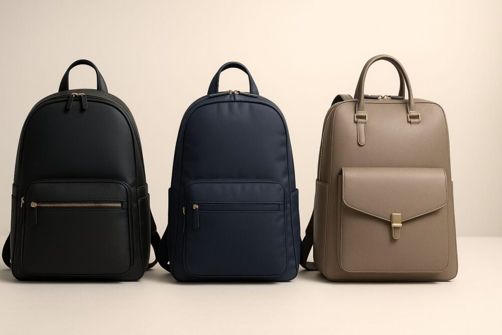 13/14/15.6インチ相当の3サイズを示すビジネス向けレディースリュックを横並びで比較したスタジオ写真(マットブラック・ネイビー・グレージュ、自立、金具控えめ)