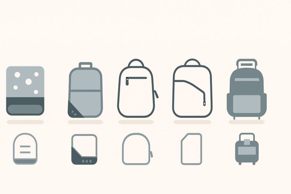 ビジネス向けPCリュックの必須機能を示す5アイコン(底パッド・側面/コーナー保護・背面アクセス・L字開口・トローリースリーブ)のミニマル図