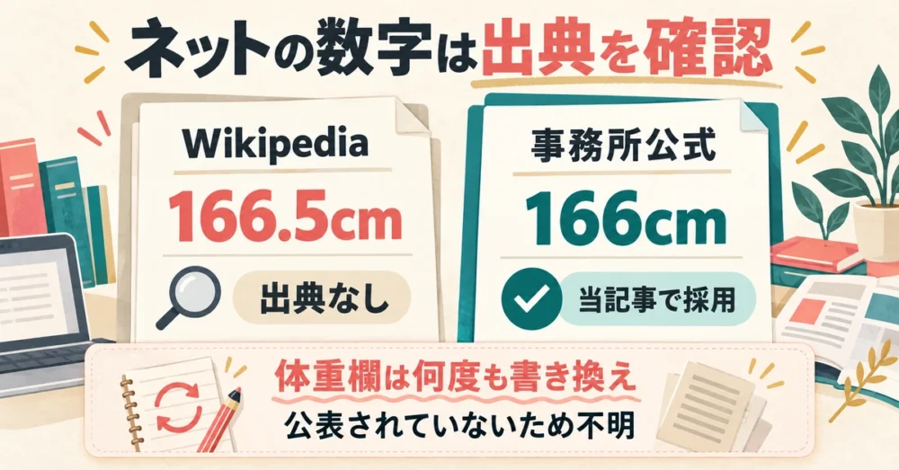出典のない166.5cmと書き換えられた体重欄