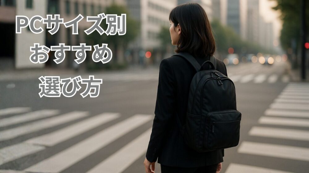 朝の交差点でブレザー姿の女性が黒のビジネス向けPCリュックを背負って歩く様子(PCサイズ別おすすめ・選び方のアイキャッチ)