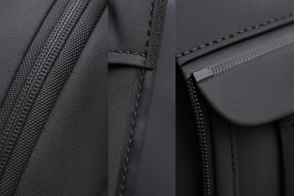 止水ジップ・シームテープ・フラップ構造の雨対策ディテールを接写で示す画像