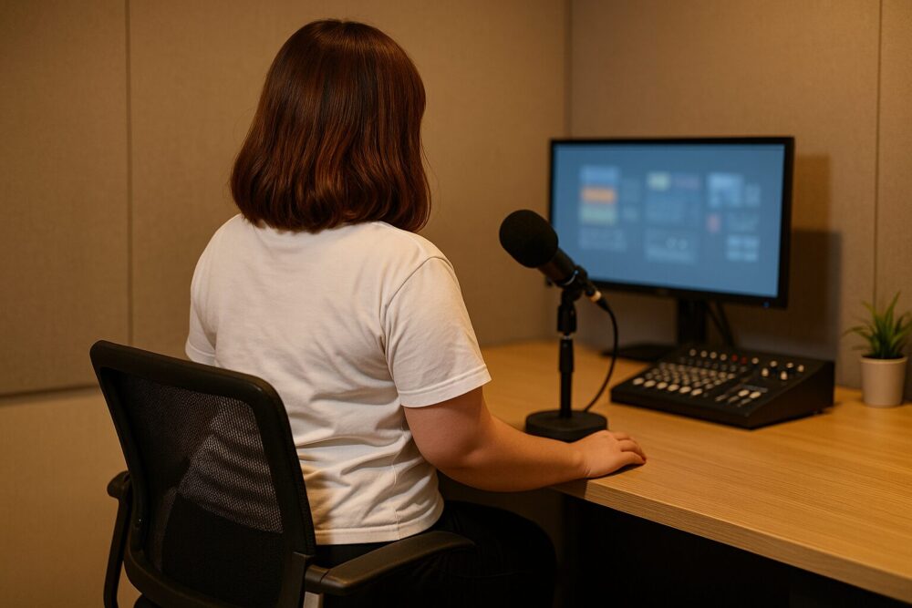 世間知らズ さおり 記事の挿絵。後ろ向きの女性がラジオブースでマイクとミキサーの前に座るフォトリアル写真