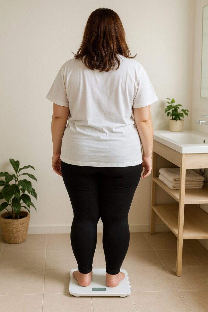 世間知らズ さおり 体重の真相解説用アイキャッチ。清潔な洗面所で茶髪セミロングの女性が後ろ向きでデジタル体重計に乗る(数値はぼかし)