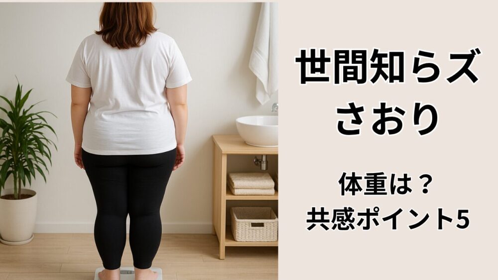世間知らズ さおり 体重の真相を解説する記事用アイキャッチ。茶髪の女性が後ろ向きでデジタル体重計に乗るフォトリアル写真(数値は非表示)