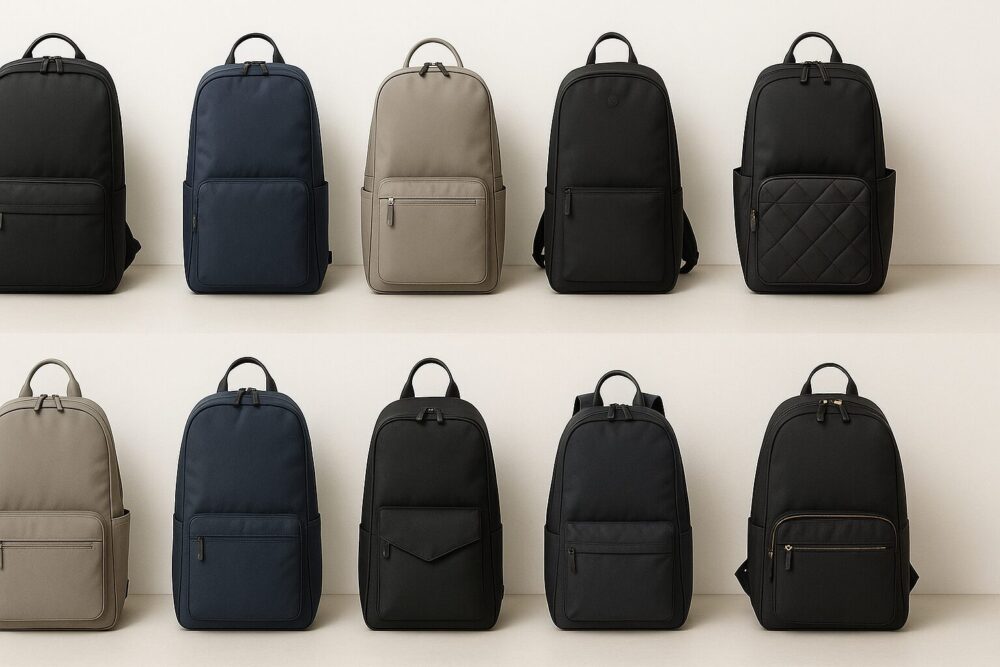 黒・ネイビー・グレージュの薄マチ自立リュック10点を白背景に整列させたトップダウングリッド