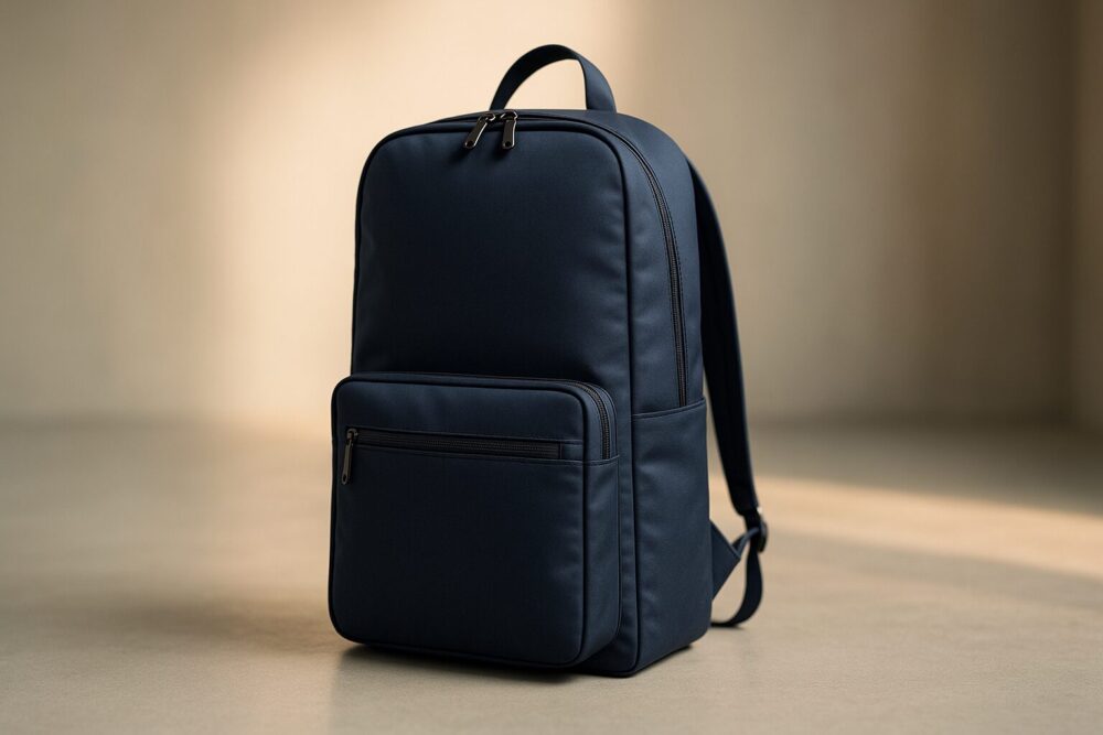 自立する薄マチ通勤リュックをスタジオで上品に撮影したヒーローカット