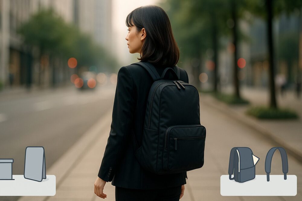 朝の通勤路をブレザー姿で歩く女性と、背負った薄マチ自立リュックのヒーローシーン