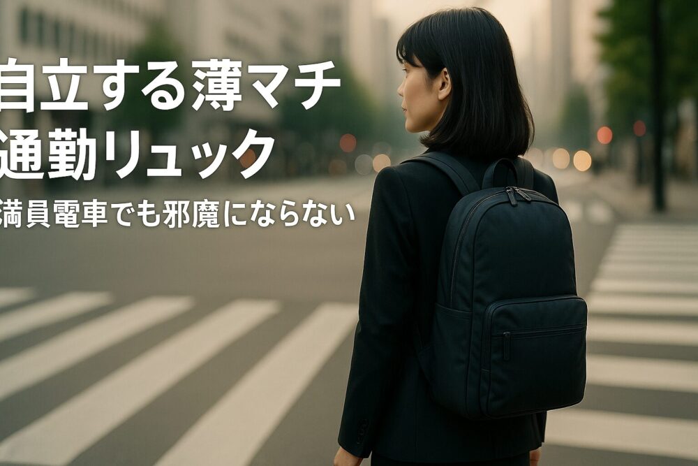 朝の交差点を歩くブレザー姿の女性と、薄マチで自立する通勤リュック（タイトル入りアイキャッチ）
