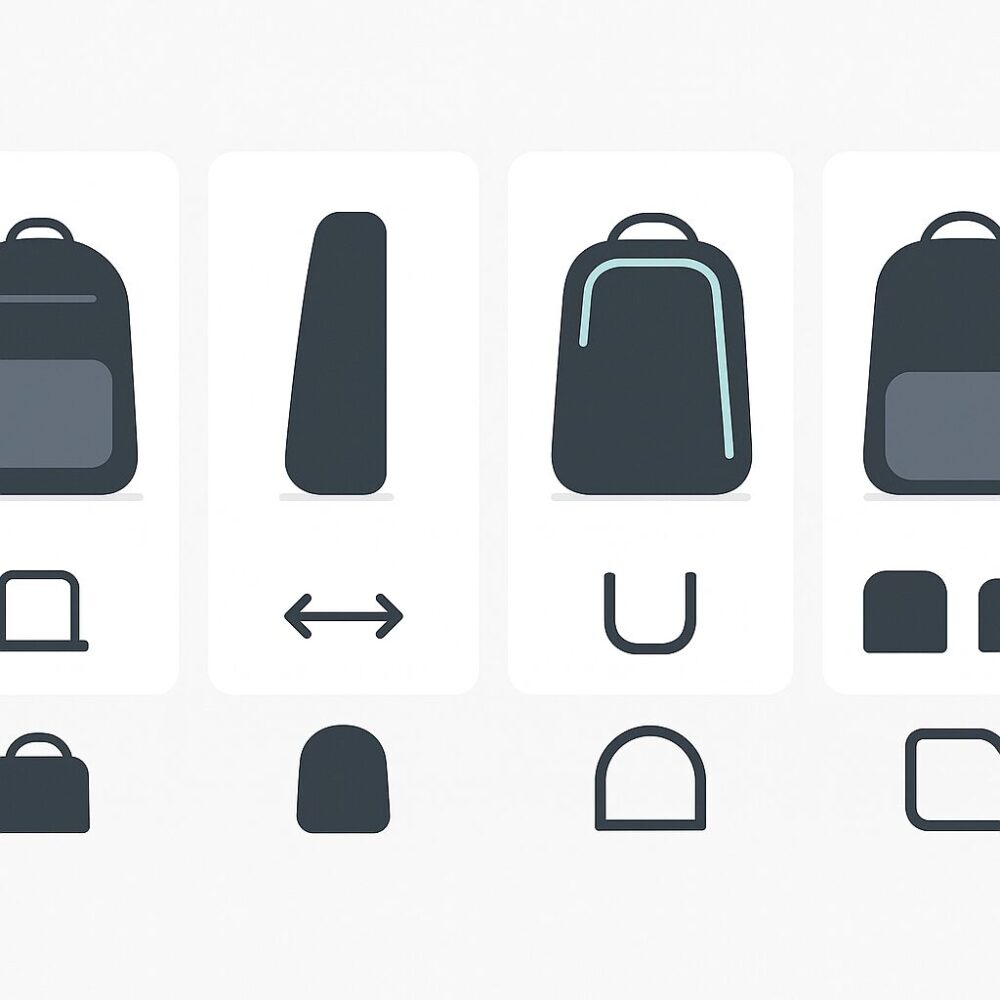 自立安定・薄マチ・開口方式・PC保護をアイコンで並べたミニマル比較イメージ