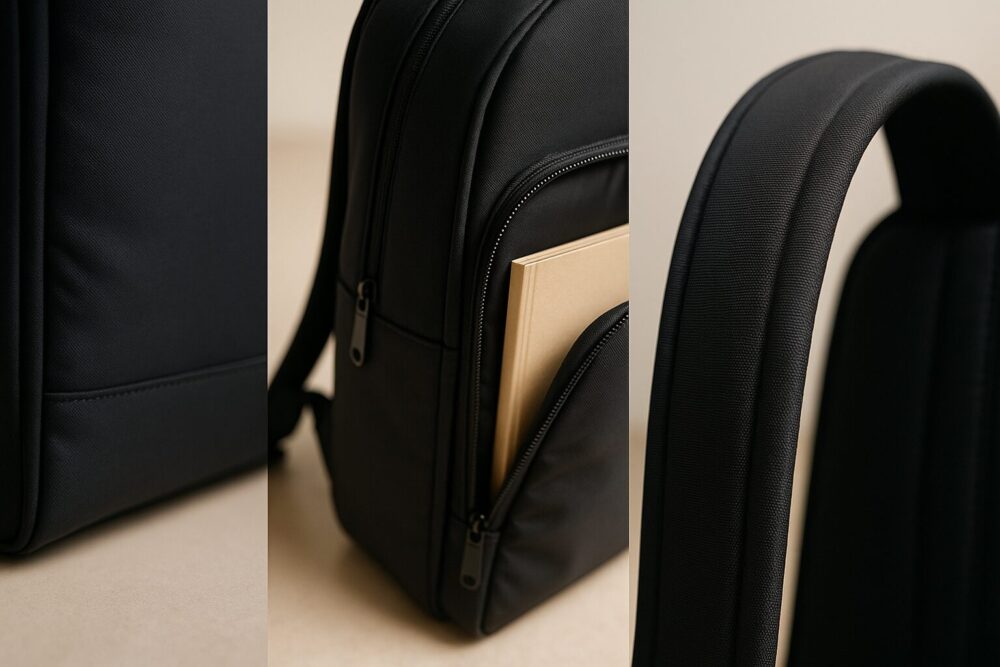 自立を支える底角補強・A4が出し入れしやすいL字開口・肩に優しい幅広ストラップを接写で示す3分割コラージュ