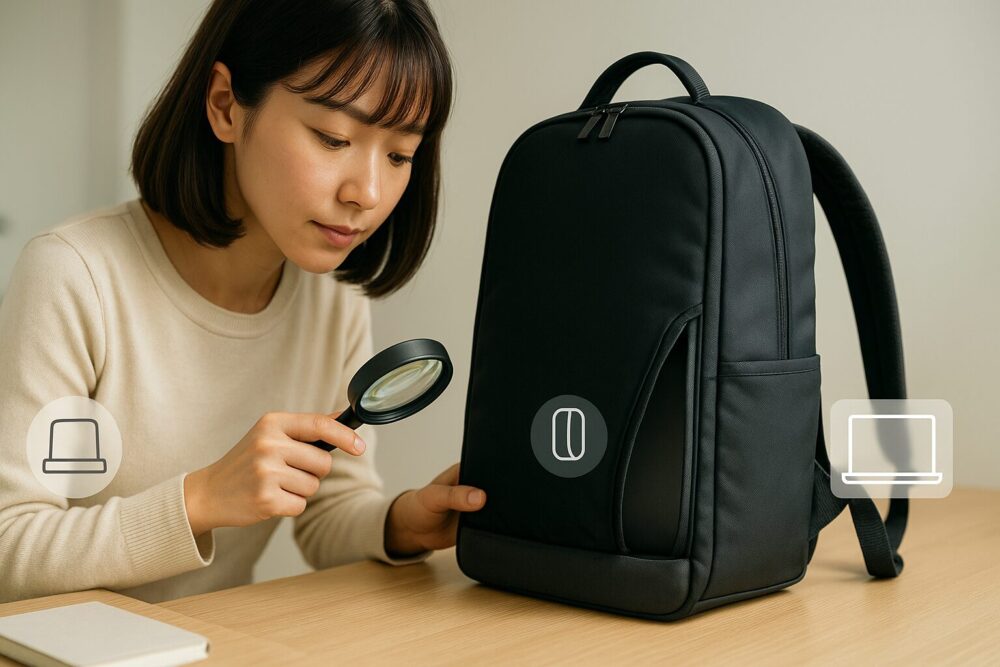 デスクで拡大鏡を使い、自立底やL字開口を確認する女性と機能アイコンのコンセプト画像