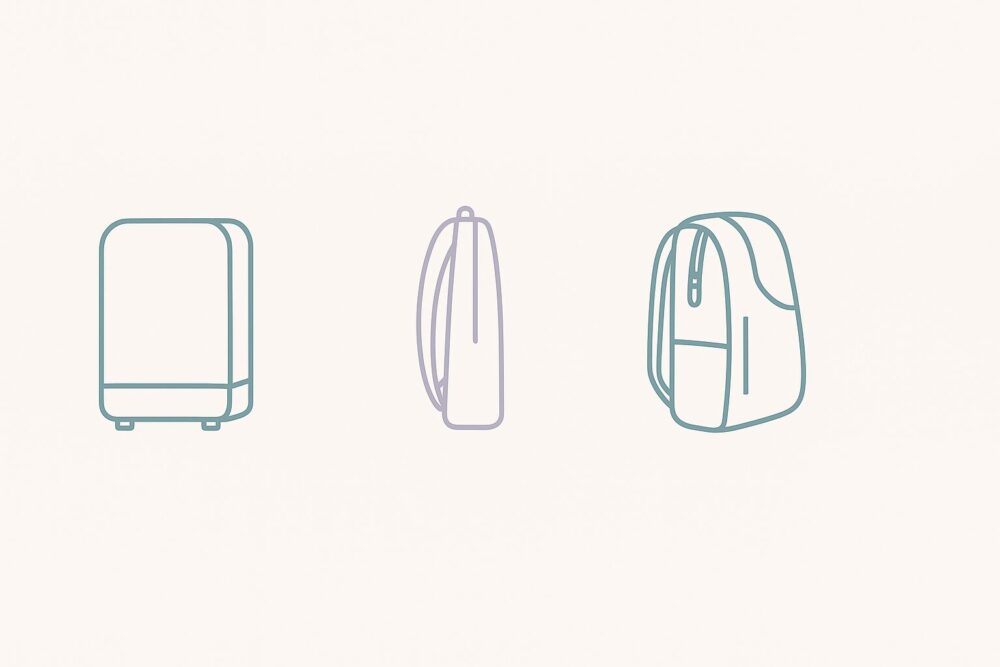 自立・薄マチ・L字開口の3条件を示すミニマルなアイコンイラスト