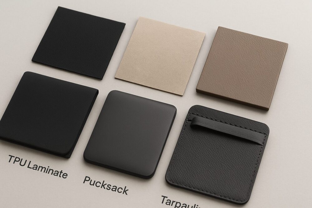 ナイロン・ポリエステル・合皮（PU/PVC）・TPU・ターポリンなど素材サンプルの比較イメージ