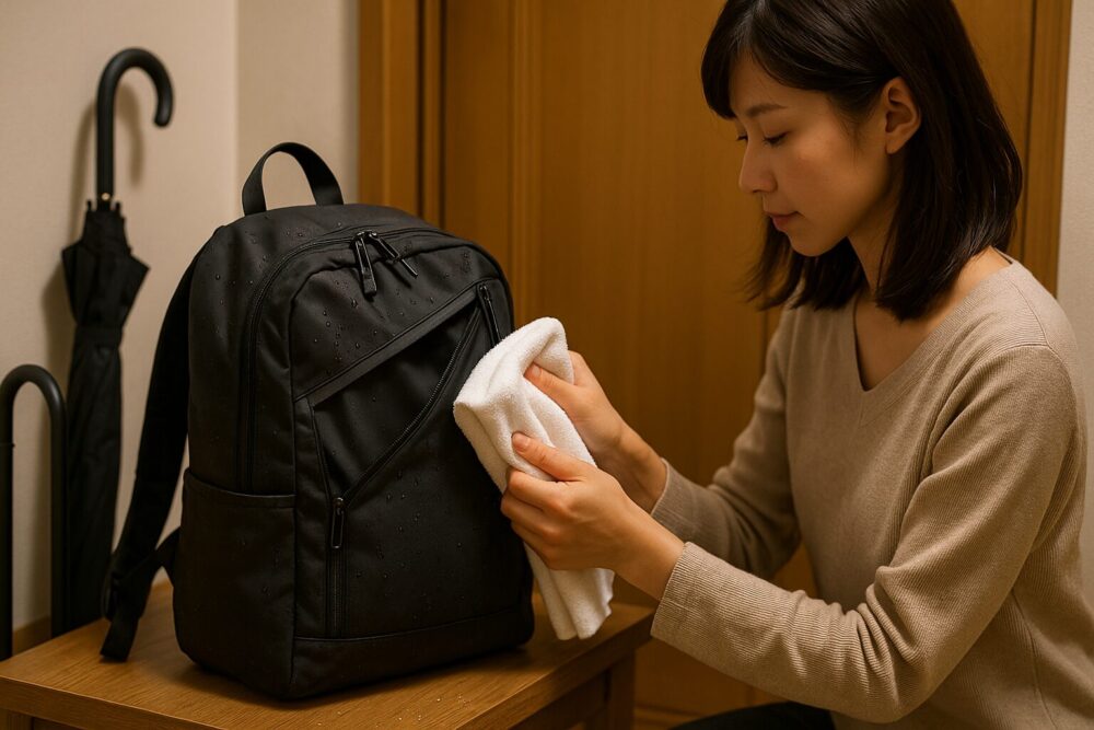 玄関でリュックの水滴を拭き取り、ファスナーを開けて乾燥させる様子（長持ちケアの実例）