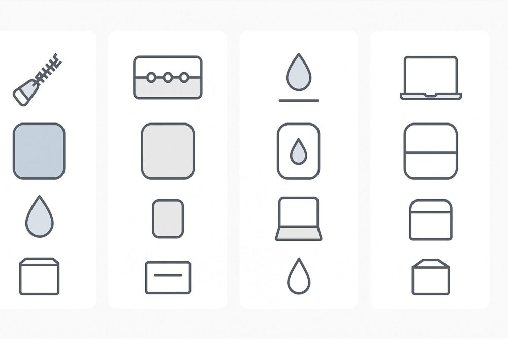 止水ジップ・シームテープ・防水性・PCスリーブ・自立を示すアイコンのミニマルな比較表イメージ