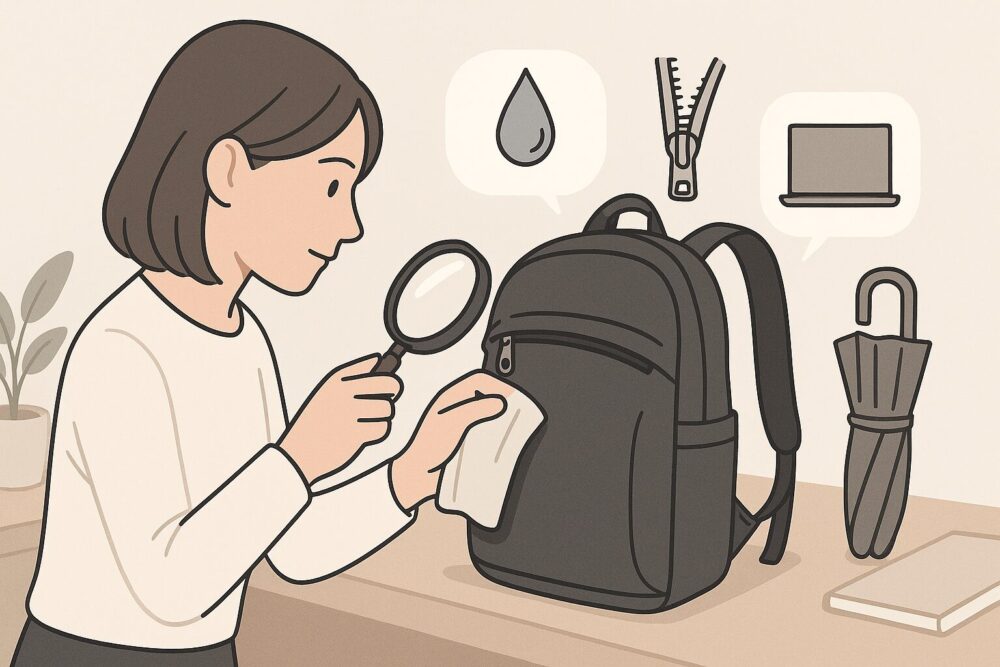 止水ジップやシームテープを拡大鏡で確認する女性と機能アイコン（しずく・ジップ・縫い目・PC）